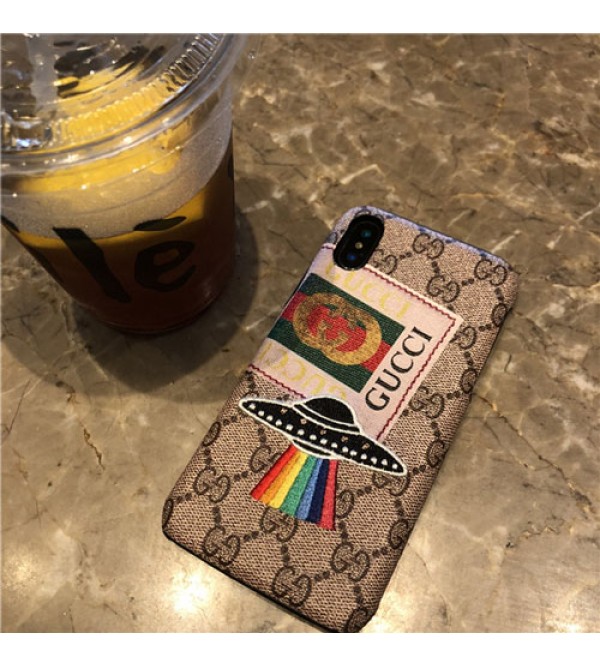 iphone 12 ケースブランドgucci Iphonexrカバー グッチ Iphonexs/xs max/xスマホケース Iphone6/6s Plus アイフォン6/6sジャケット ケース 刺繍 UFO絵柄 