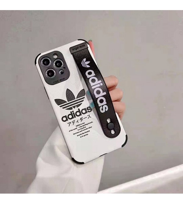 アディダス ブランド iPhone 13 Pro/13 Pro Max/13 Miniケース お洒落 ハンドバンド付き adidas トレフォイルロゴ ストランプ付 斜め掛け モノグラム ジャケット型  シリコン 全面保護 アイフォン13/12/11/x/xs/xr/8/7カバー メンズ レディース