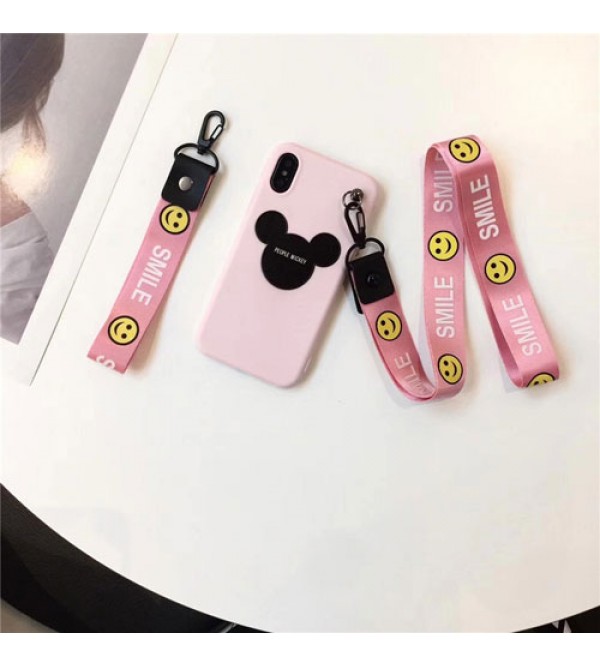 iphone 12 ケースMickey iphoneX/8/8plusケース ジャケット iphone7/7plusカバー 簡単便利 ピンク＋ブラック Disney ストラップ付きpair