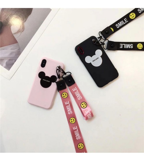 iphone 12 ケースMickey iphoneX/8/8plusケース ジャケット iphone7/7plusカバー 簡単便利 ピンク＋ブラック Disney ストラップ付きpair