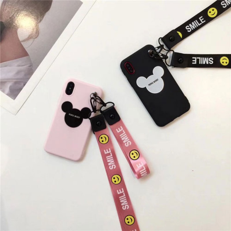 iphone 12 ケースMickey iphoneX/8/8plusケース ジャケット iphone7/7plusカバー 簡単便利 ピンク＋ブラック Disney ストラップ付きpair