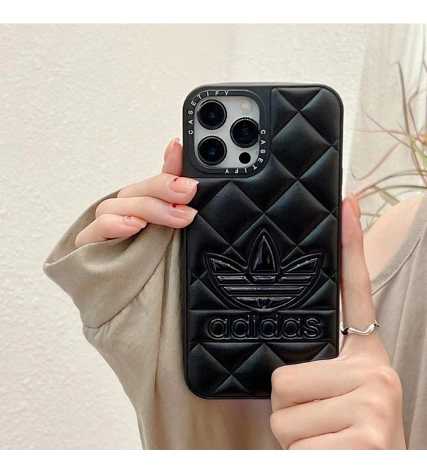 Adidas ブランド アディダス iphone 14/14 pro/14 pro maxケース かわいい トレフォイル柄 モノグラム Trefoil レザー ジャケット型 アイフォン14/13/12カバー ソフト コピー メンズ レディース