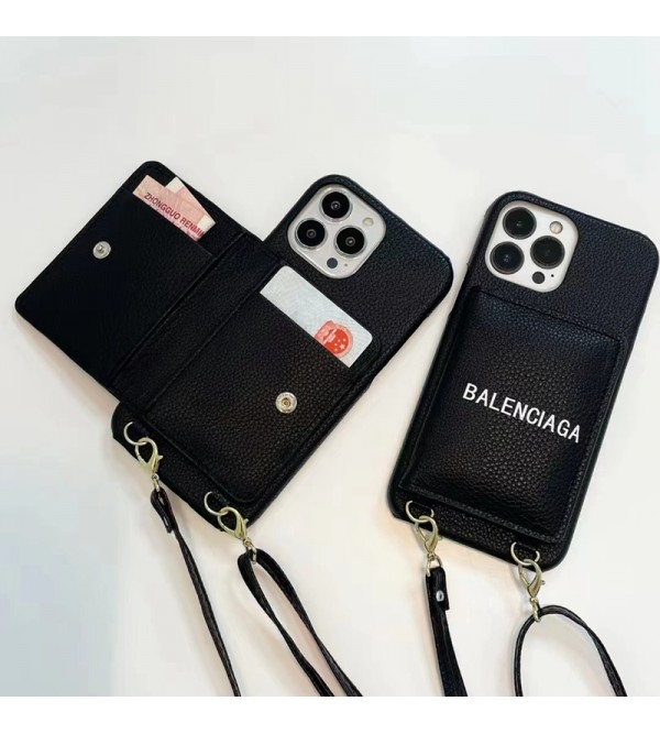 Balenciaga バレンシアガ ブランド iphone14Pro max/14Pro/14ケース オシャレ カード入り レザー ストラップ付き スマホケース アイフォン14プロ マックス/13プロ/13カバー 高級 メンズ レディース