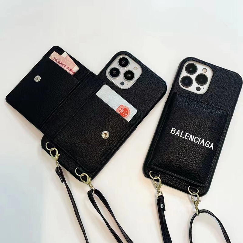 Balenciaga バレンシアガ ブランド iphone14Pro max/14Pro/14ケース オシャレ カード入り レザー ストラップ付き スマホケース アイフォン14プロ マックス/13プロ/13カバー 高級 メンズ レディース