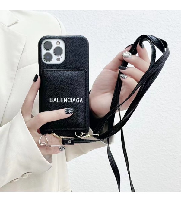 Balenciaga バレンシアガ ブランド iphone14Pro max/14Pro/14ケース オシャレ カード入り レザー ストラップ付き スマホケース アイフォン14プロ マックス/13プロ/13カバー 高級 メンズ レディース