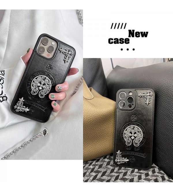 Chrome Hearts ハイブランド クロムハーツ iphone 14/14 pro/14 pro max/14 plusケース おしゃれ 十字形 レザー製 モノグラム柄 黒色 ジャケット型 アイフォン14/13/12/11/x/xs/xs max/xr/8  plus/7 plusカバー コピー メンズ レディーズ