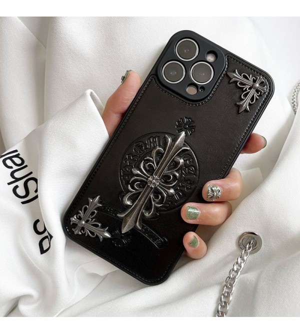 Chrome Hearts ハイブランド クロムハーツ iphone 14/14 pro/14 pro max/14 plusケース おしゃれ 十字形 レザー製 モノグラム柄 黒色 ジャケット型 アイフォン14/13/12/11/x/xs/xs max/xr/8  plus/7 plusカバー コピー メンズ レディーズ