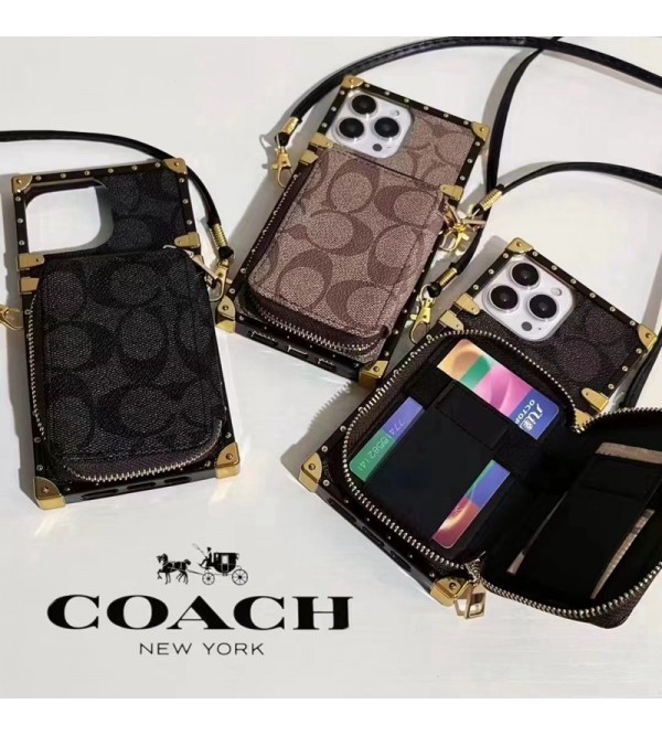 Coach/コーチ ブランド iphone13/13pro/13pro maxケース かわいい 財布風 ストラップ付 トランク型 レザー製 バッグ ins風 アイフォン13/12/11カバー 大人気 メンズ レディース