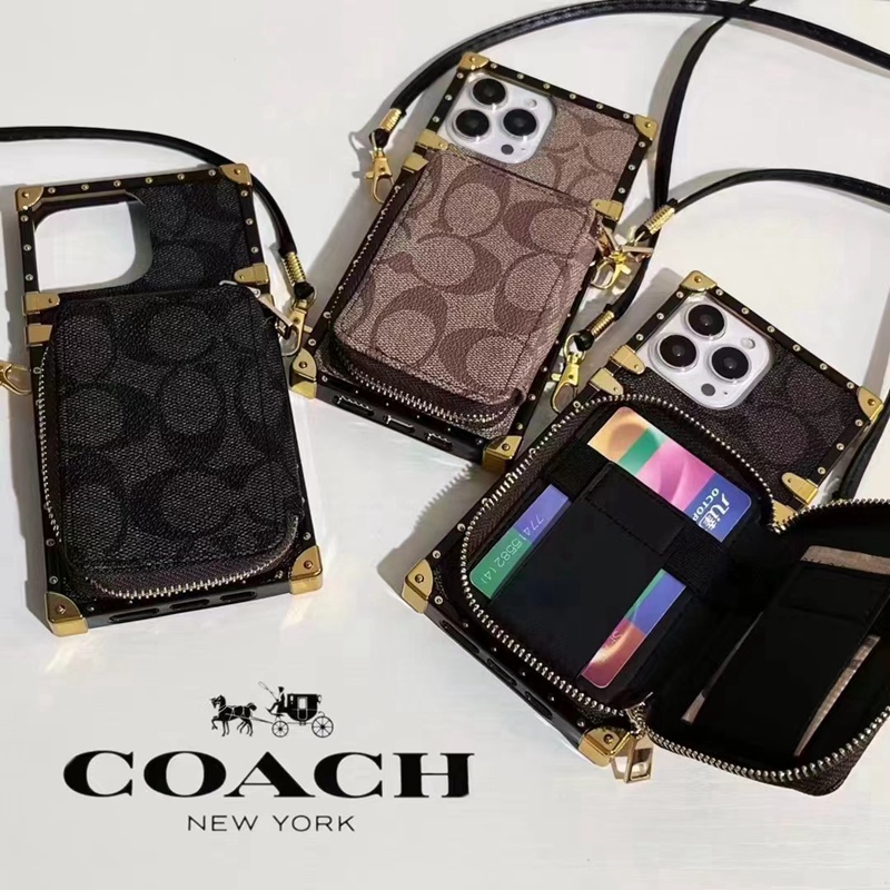 Coach/コーチ ブランド iphone13/13pro/13pro maxケース かわいい 財布風 ストラップ付 トランク型 レザー製 バッグ ins風 アイフォン13/12/11カバー 大人気 メンズ レディース