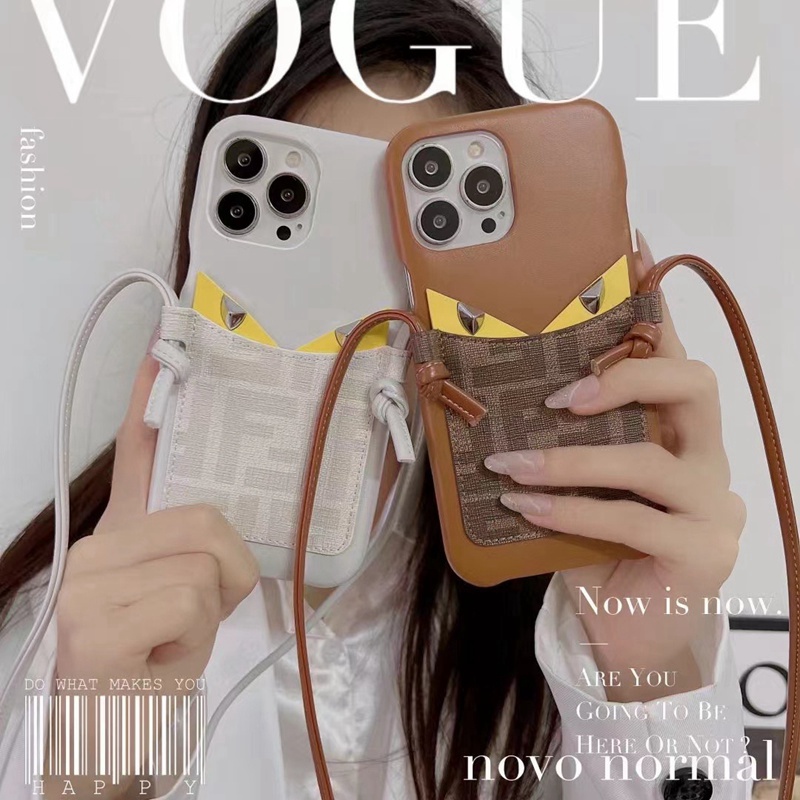 FENDI フェンディ ブラント iphone SE第3世代/13/13 pro/13 pro maxケース インスタ風 モンスター柄 カード モノグラム 斜めかけ ストラップ付き アイフォン13/12/11/xカバー 大人気 メンズ レディーズ