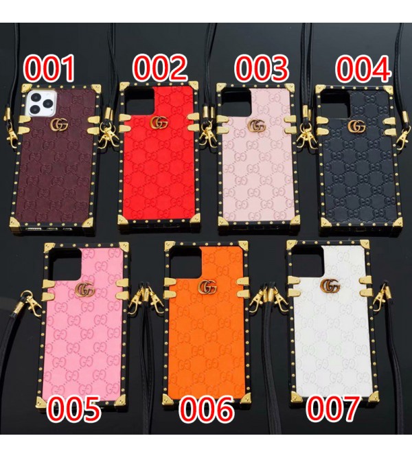 GUCCI/グッチ ブランド iphone 14/13 mini/14 pro max/14 proケース トランク型 可愛い  ストランプ付き 個性 フレーム ハイブランド アイフォン14/13/12/11/x/xs/xr/8 plusカバー おまけつき ファッション レディース 