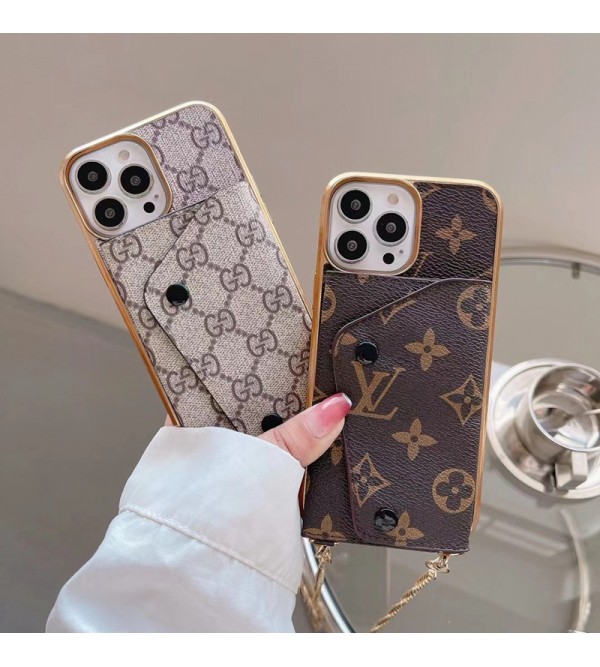 Gucci グッチ LV ルイヴィトン ハイブランド iphone 14/14 pro/14 pro maxケース オシャレ ショルダーバッグ型 財布風 カード入れ レザー チェーン付き モノグラム アイフォン14/13/12/11カバー  大人気 メンズ レディーズ