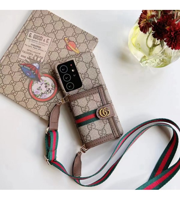 GUCCI ブランド グッチ iPhone 14/14Pro/14Pro Maxケース ストラップ付き 財布型 カードバッグ Galaxy S23/S23+/S23 ultraカバー レザー製 モノグラム 紛失防止 アイフォン14プロ マックス/14プロ/14/13/12/11スマホケース ファッション メンズ レディース