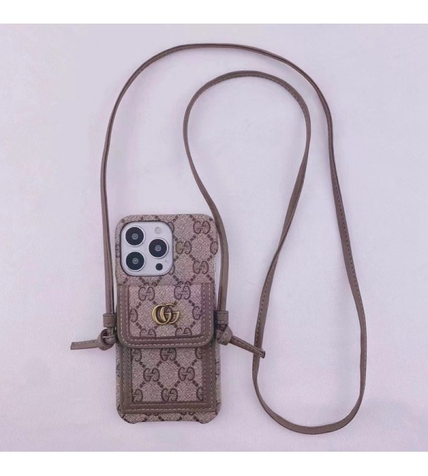 GUCCI ブランド グッチ iPhone 14/14 Pro/14 Pro Maxケース かわいい 背面バッグ型 カード収納 ストランプ付き レザー製 モノグラム シンプル アイフォン14/14プロ/14プロマックス/13/12/11/x/xs/xr/se2/8/7カバー コピー ファッション メンズ レディース