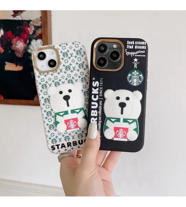 ルイヴィトン/Louis Vuitton スターバックス/Starbucks ブランド iphone 14/14 pro/14 pro maxケース オシャレ コラボ シリコン 3D白熊 モノグラム アイフォン14/14プロ/13/12/11カバー 韓国風 メンズ レディース