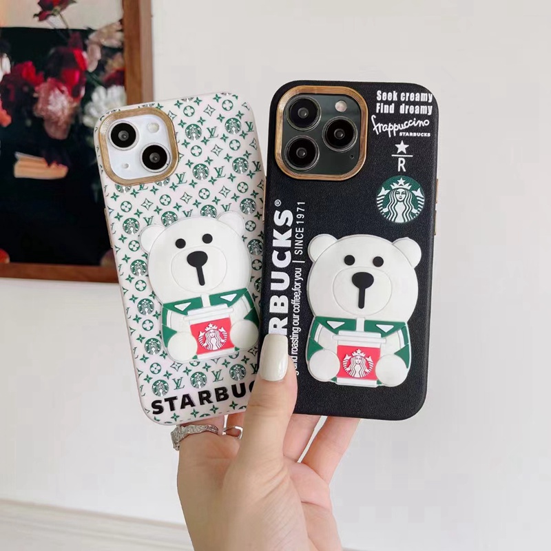 ルイヴィトン/Louis Vuitton スターバックス/Starbucks ブランド iphone 14/14 pro/14 pro maxケース オシャレ コラボ シリコン 3D白熊 モノグラム アイフォン14/14プロ/13/12/11カバー 韓国風 メンズ レディース