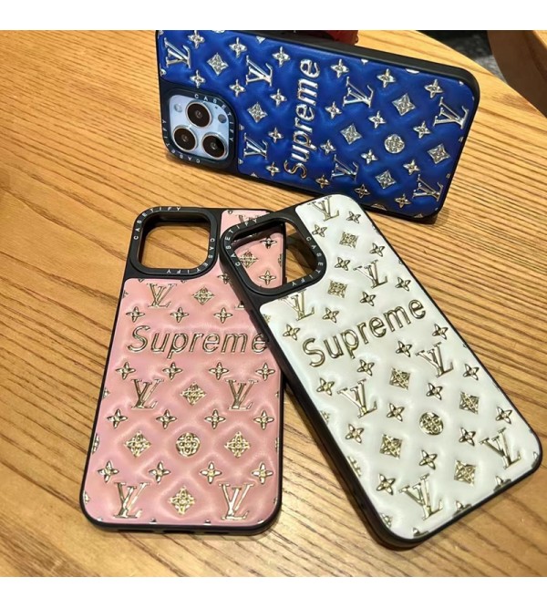 Louis Vuitton Supreme コラボ ハイブランド iphone 14/14 pro/14 pro maxケース オシャレ ルイヴィトン シュプリーム モノグラム レザー きらきら アイフォン14/13/12/11カバー ファッション メンズ レディーズ