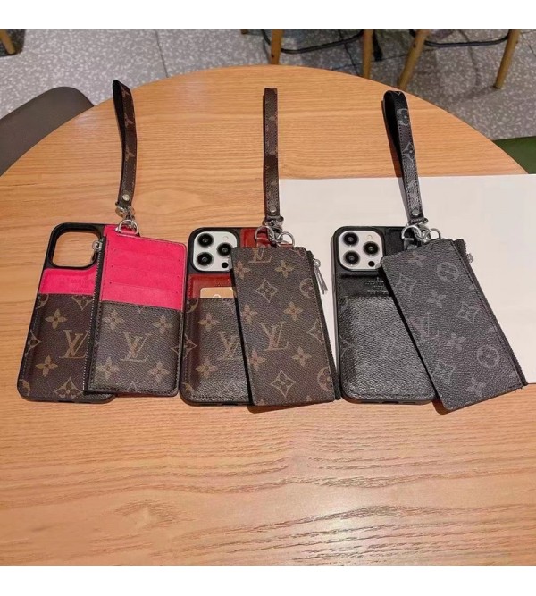 LV ブランド ルイ.ヴィトン iPhone 14/14 Pro/14 Pro Maxケース おしゃれ カード入れ ストラップ付き 財布型 モノグラム レザー製 アイフォン14/14プロ/14プロ マックス/13/12/11/x/xs/xr/8+/7+カバー 大人気 メンズ レディース