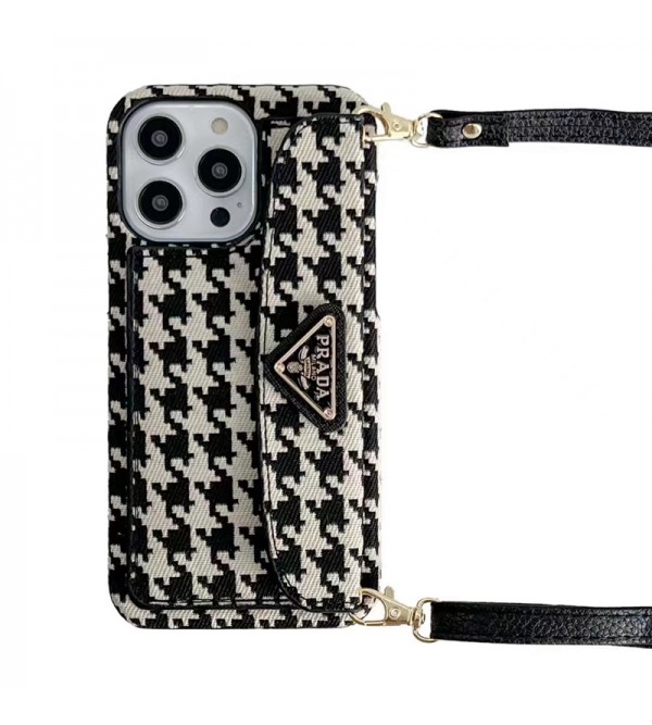 PRADA ブランド プラダ iPhone 14 Pro Max/14 Pro/14 Plus/14ケース かわいい モノグラム 千鳥柄 レザー ストラップ バング風 カード入れ アイフォン14プラス/14プロ マックス/14プロ/14/13/12/11カバー 大人気 メンズ レディース