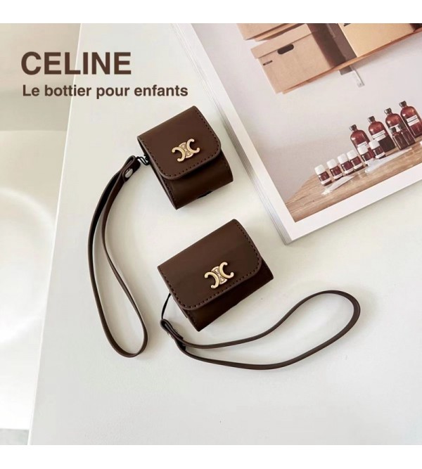 CELINE ブランド AirPods Pro 2/3/Pro/2/1ケース セリーヌ レザー製 バック型 チェーン付き モノグラム 第1/2/3世代 保護性 紛失防止 エアーポッズ プロ2/3ケース ペアお揃い 軽量 収納 便利 メンズ レディーズ