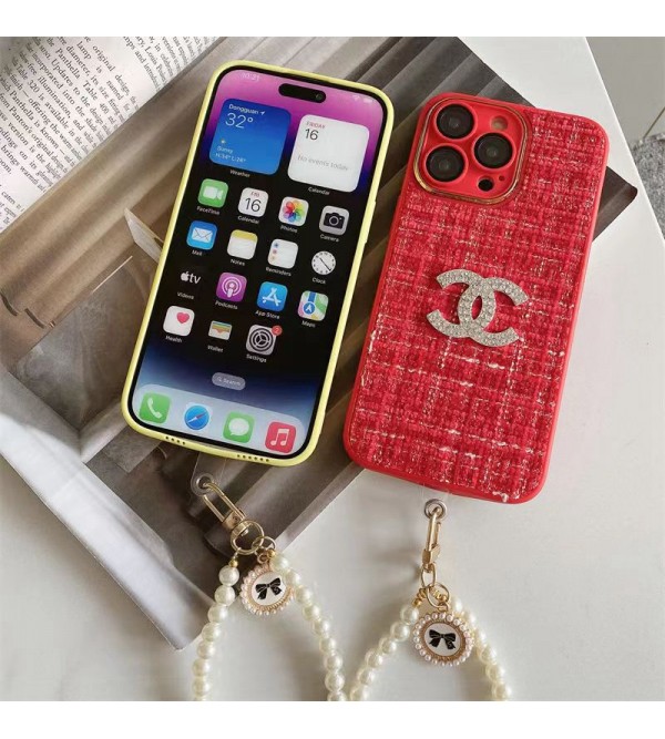 CHANEL シャネル ブランド iphone 14 pro/14 pro max/14ケース 激安 ジュエリー風 モノグラム柄 チェーン付き キラキラ セレブ愛用 ジャケット アイフォン14/14プロ/14プロマックス/13/12/11カバー ファッション レディース