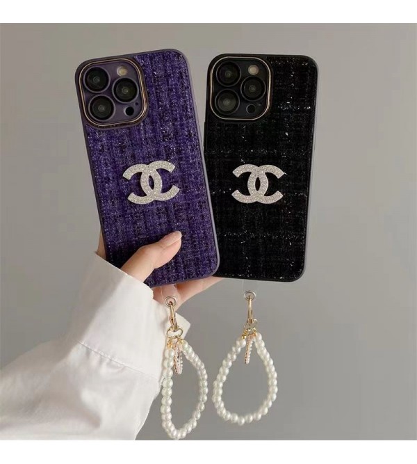 CHANEL シャネル ブランド iphone 14 pro/14 pro max/14ケース 激安 ジュエリー風 モノグラム柄 チェーン付き キラキラ セレブ愛用 ジャケット アイフォン14/14プロ/14プロマックス/13/12/11カバー ファッション レディース