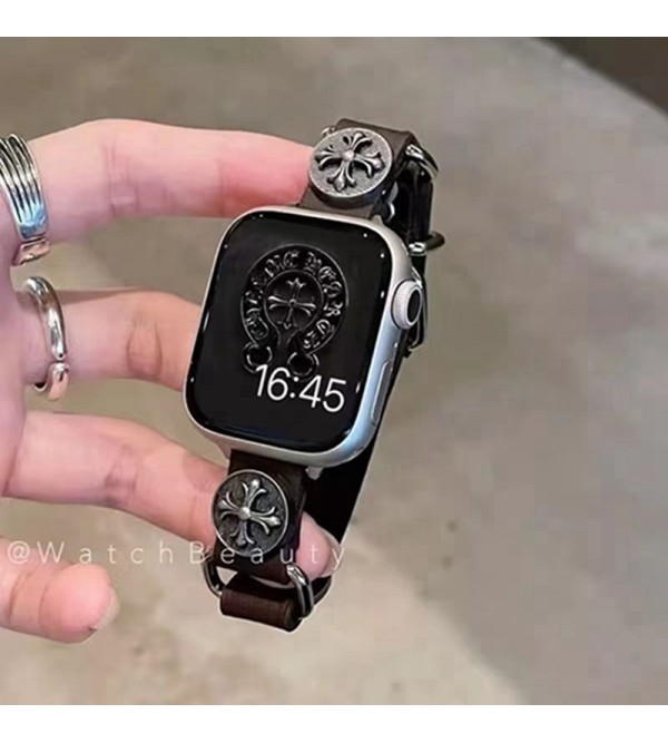 クロムハーツ Chrome Hearts apple watch 9/se2/ultraストラップ ファッションアップルウォッチ7バンド 調節可能モノグラム アップルウォッチSE2バンド レザー製芸能人愛用 アップルウォッチUltra