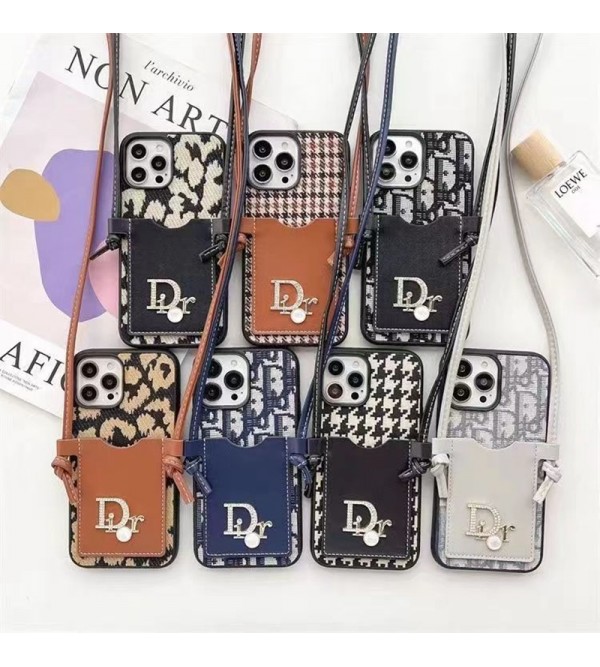 Dior/ディオール ブランド iPhone 14/14 Pro/ 14 Pro Maxケース かわいい カード収納 ストラップ付き レザー アイフォン14プロ マックス/14プロ/14/13/12/11カバー  斜めがけ ファッション メンズ レディース