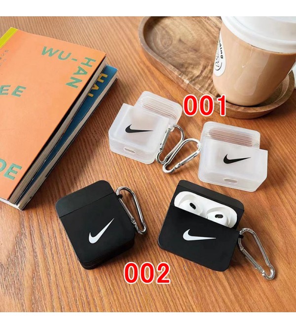 Nike ブランド Airpods pro2/pro/2/1ケース ナイキ クリアケース モノグラム 保護性 カラビナ付き 紛失防止 エアーポッズ3/プロ2/プロ/2/1カバー 黒白色 ファッション メンズ レディーズ