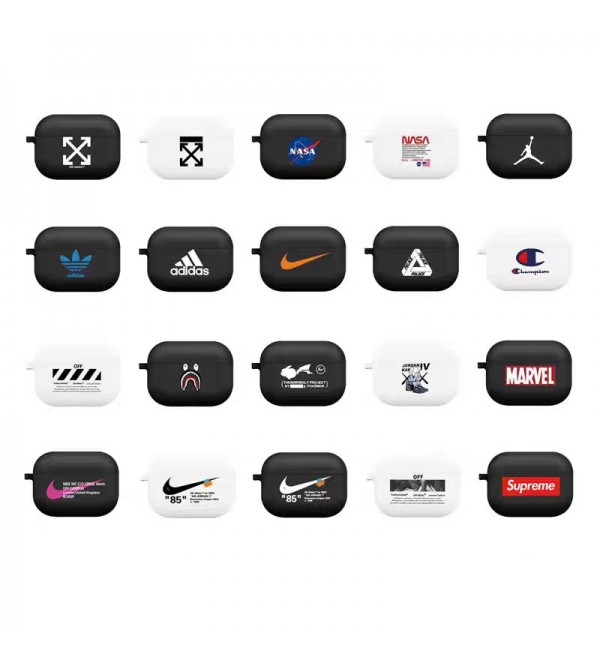 KAWS/カウズ Supreme/シュプリーム ブランド Airpods 3/pro2ケース かわいい 保護 Champion/チャンピオン Aape/エーエイプ Adidas/アディダス Jordan/ジョーダン Off-White/オフホワイト エアーポッズ プロ2/3/2/1ケース ピカチュウ ナイキ/NIKE カラビナ付き NASA MARVEL 第3/2/1世代 落下防止 大人気 メンズ レディース