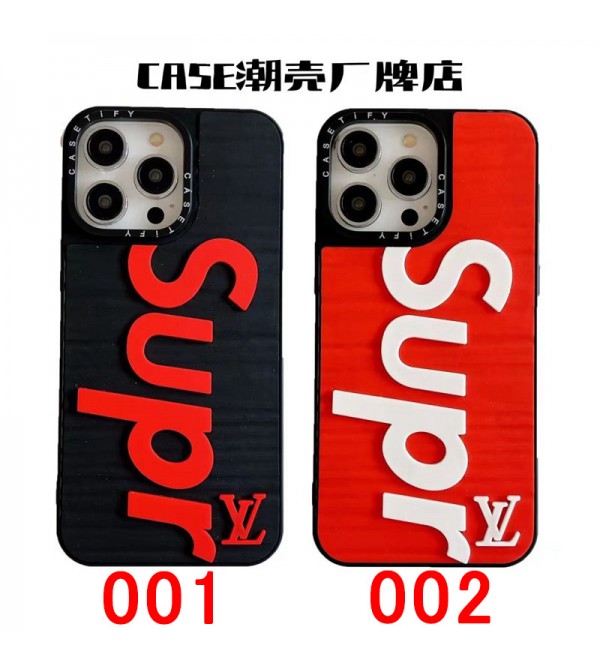 SUPREME/シュプリーム LV/ルイヴィトン コラボ ブランド iPhone 14/14 Pro/14 Pro Maxケース オシャレ モノグラム シリコン製 ジャケット型 赤黒白 アイフォン14/14プロ/14プロマックス/13/12/11カバー 全面保護 ファッション メンズ レディース