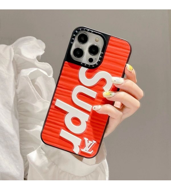 SUPREME/シュプリーム LV/ルイヴィトン コラボ ブランド iPhone 14/14 Pro/14 Pro Maxケース オシャレ モノグラム シリコン製 ジャケット型 赤黒白 アイフォン14/14プロ/14プロマックス/13/12/11カバー 全面保護 ファッション メンズ レディース