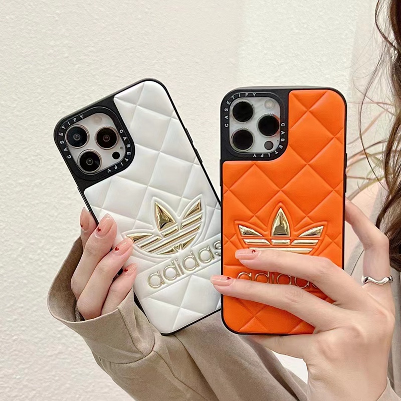 adidasアディダスiphone14pro max plusケース革トレフォイル ジャケット モノグラム ブランド ジャケット型 アイフォン14