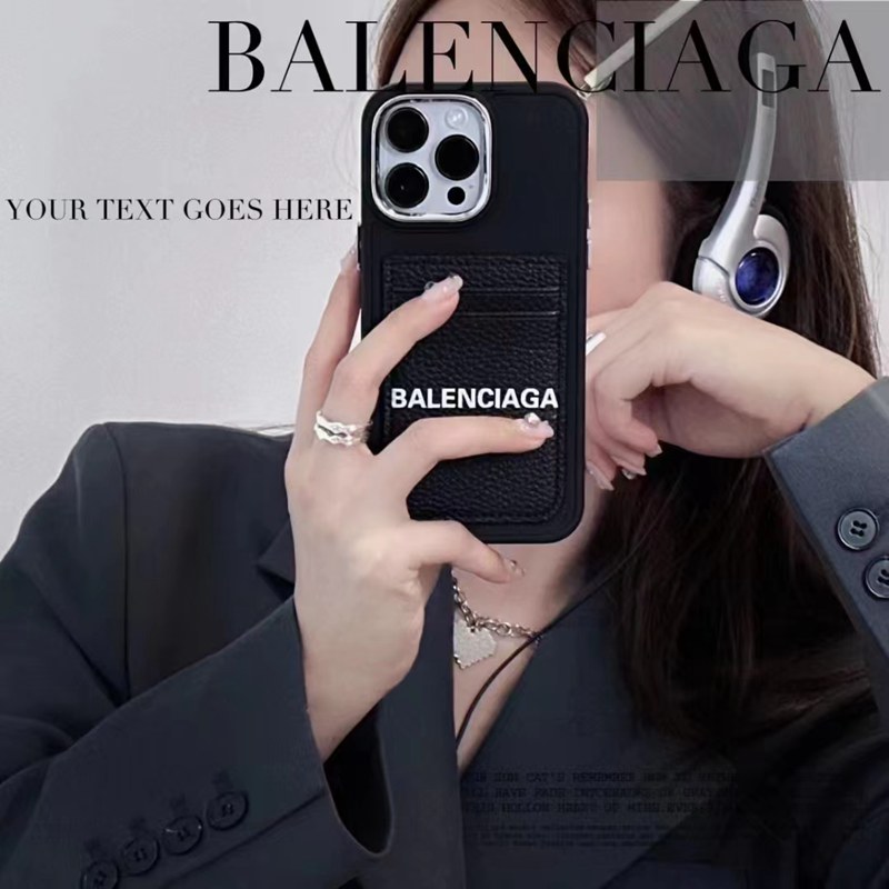 balenciagaバレンシアガiphone14pro max plusケース お洒落カード革モノグラム黒ブランド アイフォン14プロ マックス男女