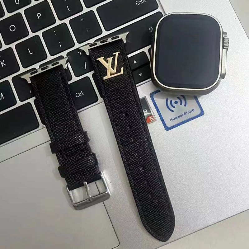 LV ブランド アップルウォッチ8/SE2/Ultra/7バンド ルイヴィトン モノグラム レザー製 腕時計 ストラップ 黒色