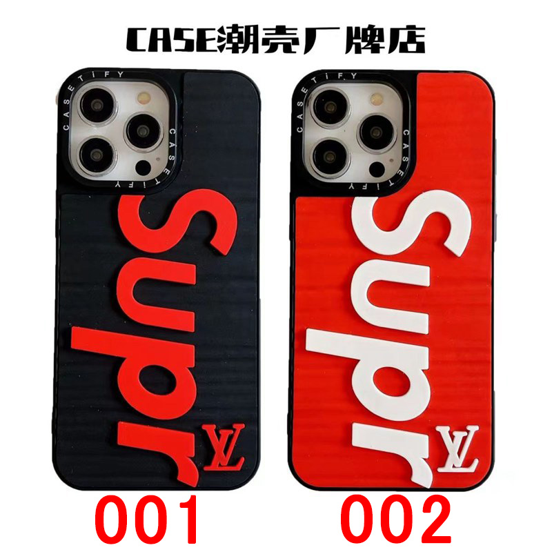 SUPREME/シュプリーム LV/ルイヴィトン コラボ ブランド IPhone 14/14 Pro/15 Pro Maxケース オシャレ モノグラム シリコン製 ジャケット型 赤黒白 アイフォン14/14プロ/15プロマックス カバー 全面保護 レディース